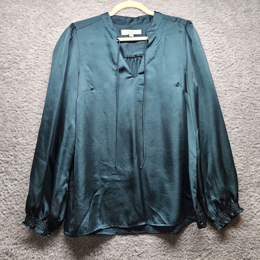 Ann Taylor Loft Green Satin Blouse Size Medium Longsleeve Holiday Career